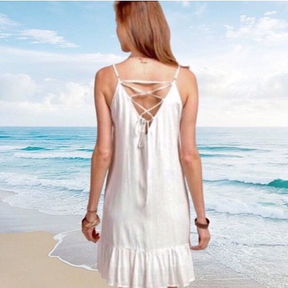 White Crochet Embroidered Front Lace Up Back Sun Dress - Picture 4 of 12